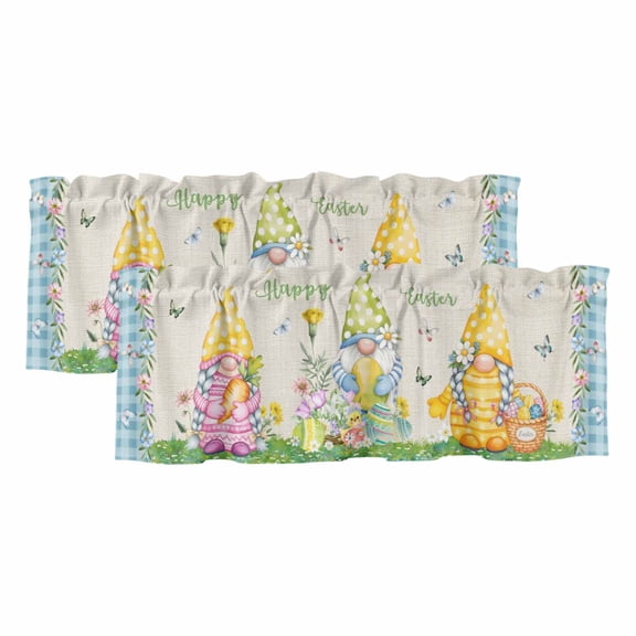 Easter Valances for Windows, Decorative Rod Pocket Window Valance Curtains, Gnomes Colorful Eggs Butterfly Flowers Blue Check Short Curtain Drapes for Kitchen/Living Room, 2 Panels, 42" W x 12" L