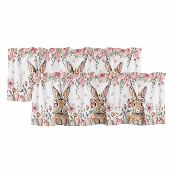 Easter Valances for Windows, Decorative Rod Pocket Window Valance Curtains, Spring Cute Rabbit Eggs Botanical Flowers Rose Short Curtain Drapes for Kitchen/Living Room, 2 Panels, 42" W x 12" L