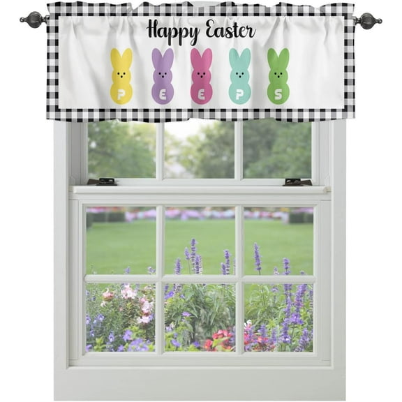 Easter Valances for Windows Happy Easter Peeps Spring Kitchen Curtain Valances Rod Pocket Bunny Black Buffalo Plaid Window Treatment Short Topper Curtains For Easter Day and Spring,54x18 inches