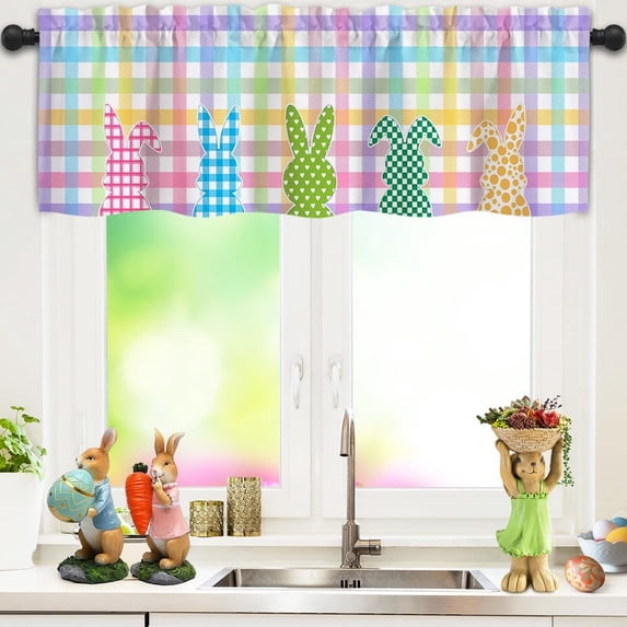 Easter Valances for Windows, Window Curtains Valances, Easter Plaid Kitchen Curtains, Window Treatments Drapes for Kitchen Bedroom Living Room Bathroom 54" W x 18" L, 1 Panel