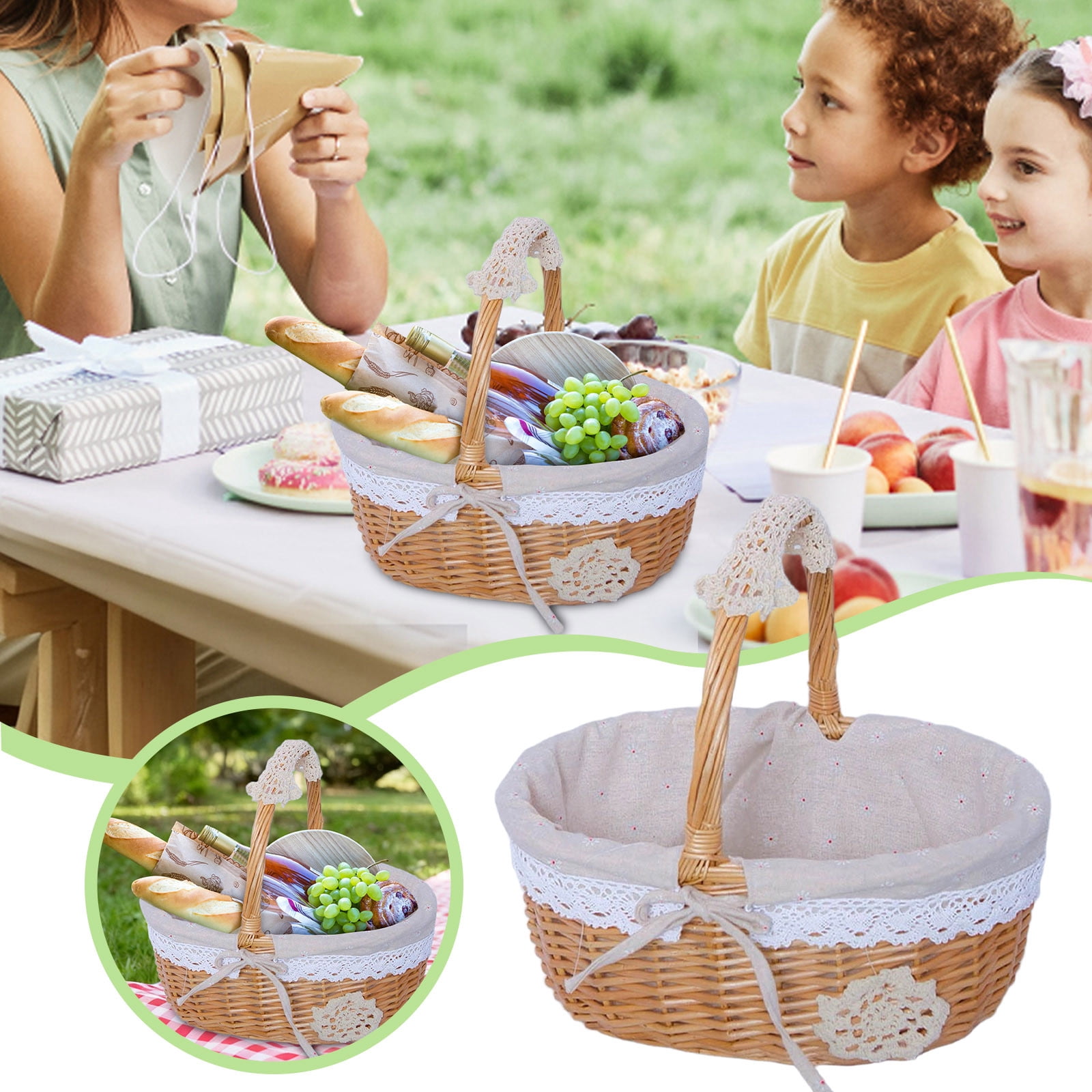 Easter, Valentine's Day Multipurpose Woven Picnic Basket, Removable Lace Bow Lining, Suitable for Indoor/Outdoor, Weddings, Gardening, Camping Picnics, Outdoor Activities, 7.8 x 6.7 x 8.6 in