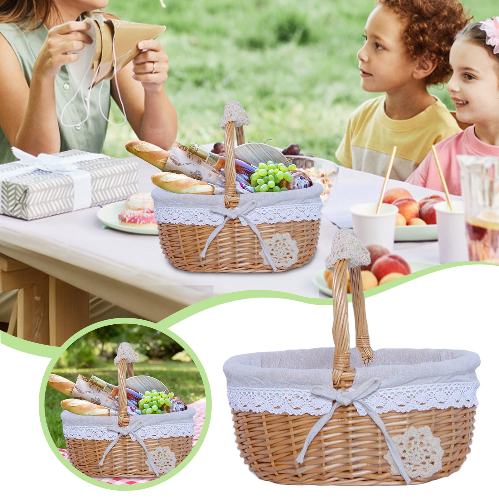Easter, Valentine's Day Multipurpose Woven Picnic Basket, Removable Lace Bow Lining, Suitable for Indoor/Outdoor, Weddings, Gardening, Camping Picnics, Outdoor Activities, 7.8 x 6.7 x 8.6 in