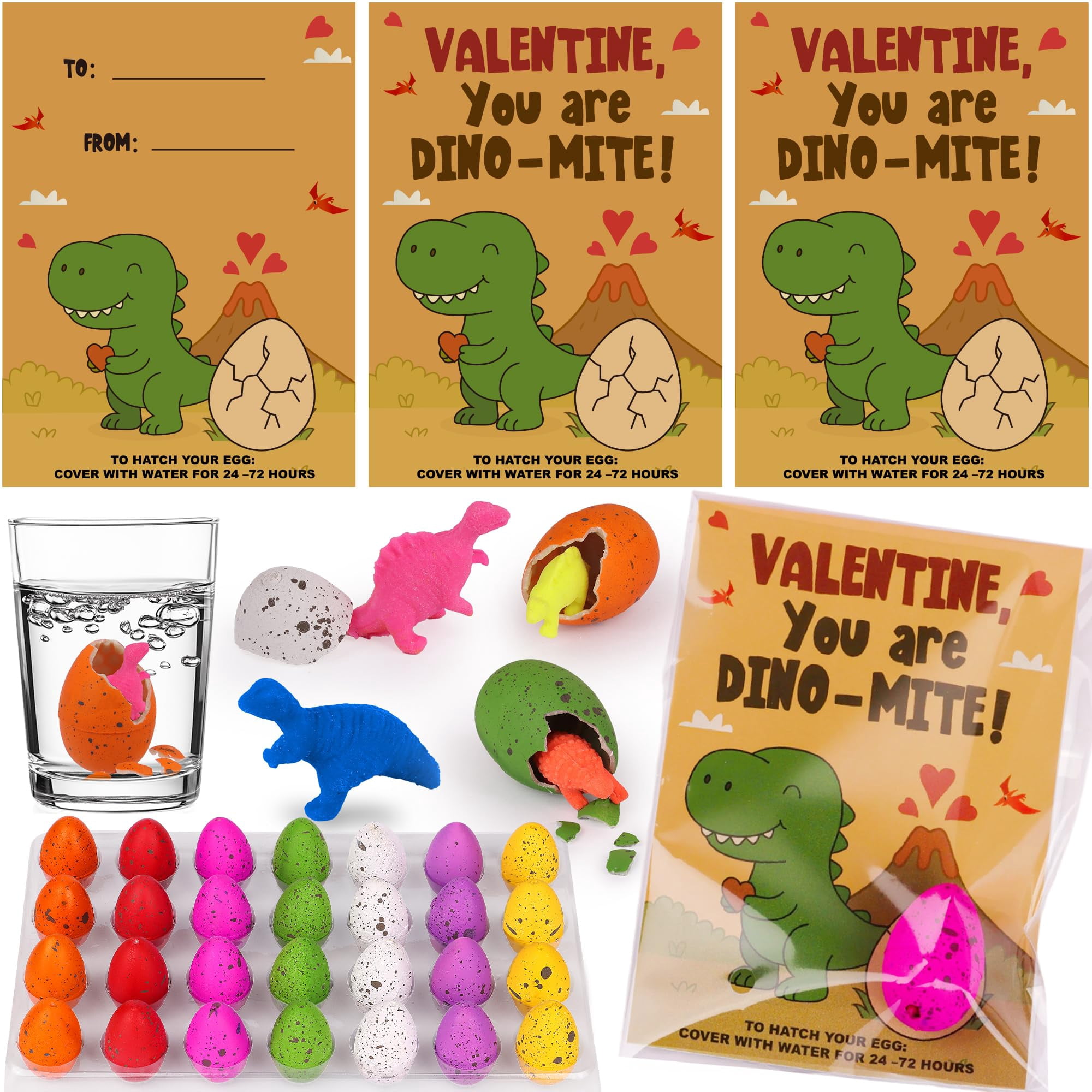 Easter Valentines Day Gifts for Kids Classroom Dinosaur Egg Hatching Toys with Valentines Cards for Kids School, Valentines for Kids Exchange Cards Gifts Prizes Party Favors for Boys Girls（24 PCS）