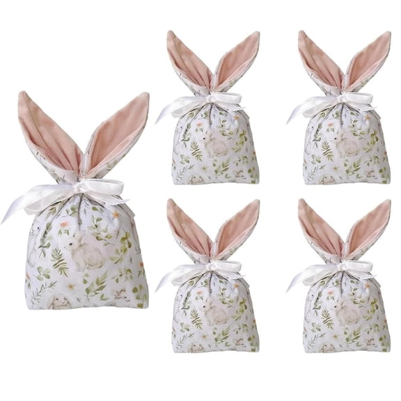 Easter Velvet Bunny Gift Bags, Bunny Gift Treat Bags with Drawstring, Reusable Party Favors for Birthday Party Egg Hunt Stuffer Basket (5pcs)Q