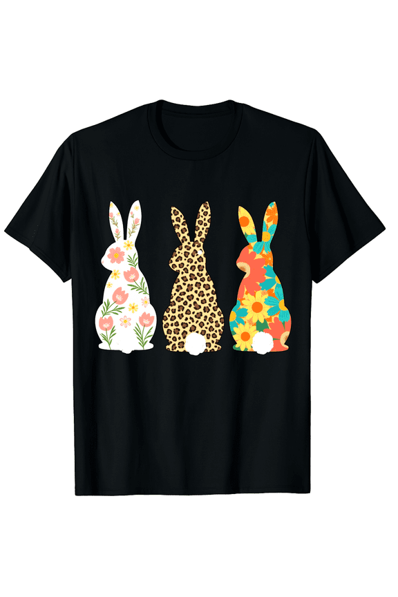 Easter Vertical Bunny Trio Floral Cheetah Print Short Sleeve T-Shirt for Women Men Boho Spring Holiday Fashion Graphic Adult Gift