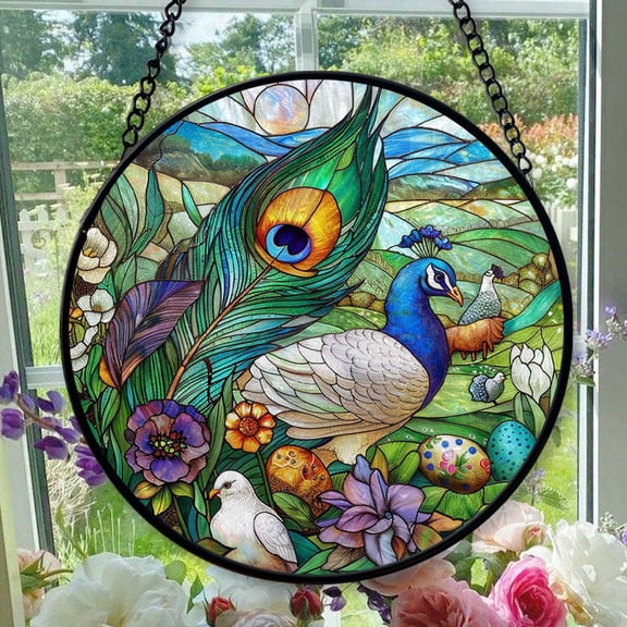 Easter Vibrant Peacock 2 Stained Glass Window Hanging, Festival Gift Ornament, Mother’S Day Keepsake, Valentine’S Day Decor, Christmas Ornament Gift, Commemorative 2025