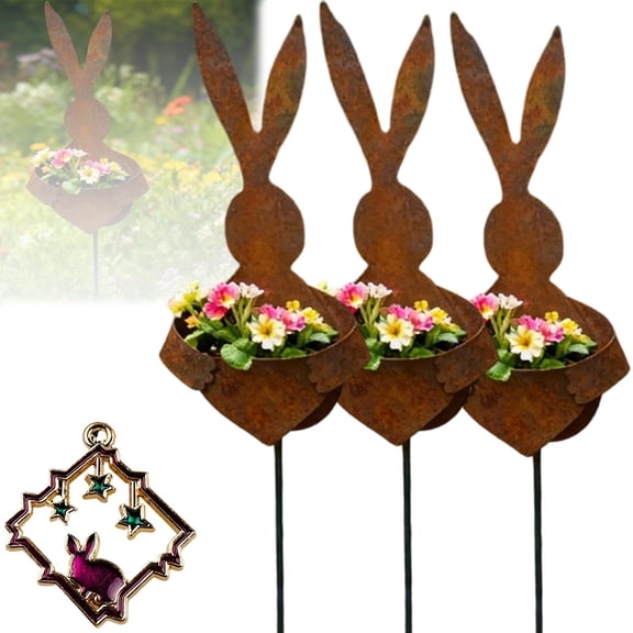 Easter Vintage Metal Rabbit Shaped Planter Garden Stake, 2026 New Rusty Easter Garden Stakes, Rustic Patina Finish Bunny Design, for Celebrates Easter, Spring, and Garden Joy