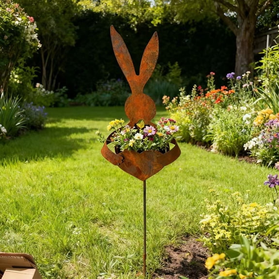 Easter Vintage Metal Rabbit Shaped Planter Garden Stake, Rustic Patina Bunny Yard Decor for Outdoor Garden, Spring Flower & Succulent Display (1pcs)