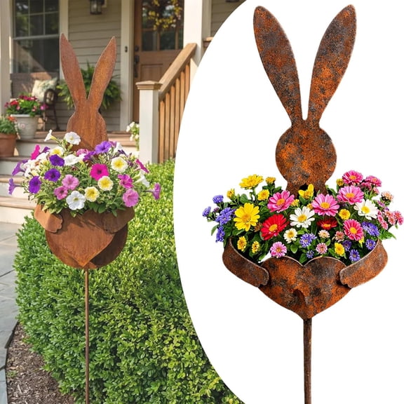 Easter Vintage Metal Rabbit Shaped Planter Garden Stake, Rustic Patina Finish Bunny Decor for Outdoor Garden Yard, Decorative Stake for Small Flowers Succulents Spring Displays