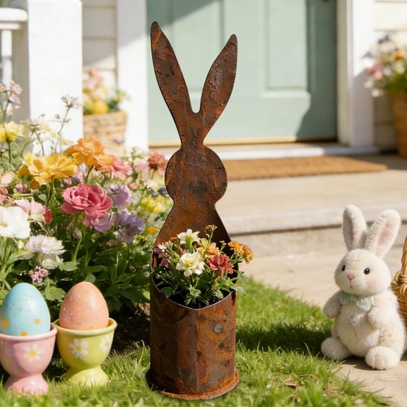 Easter Vintage Metal Rabbit Shaped Planter Garden Stake, Rustic Patina Finish Bunny Decor for Outdoor Yard, 2026 New Decorative Rusty Stake for Small Flowers Succulents Spring Display, 9.65x2.76in