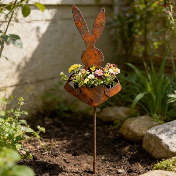 Easter Vintage Metal Rabbit Shaped Planter Garden Stake, Rusty Easter Garden Stakes, Rustic Patina Finish Bunny Decor, Decorative Stake for Small Flowers Succulents Spring Displays