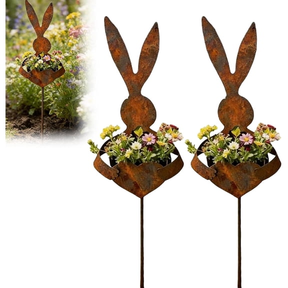 Easter Vintage Metal Rabbit Shaped Planter Garden Stake, Rusty Easter Metal Garden Stakes, Rustic Patina Finish Bunny Decor for Outdoor Garden Yard, 35.43 Inch (2pcs)