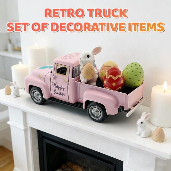 Easter Vintage Pickup Truck Diecast Decor - Miniature Car Model with Happy Easter Sign, Bunny & Eggs Figures, Opening Doors for Display, Holiday Table Centerpiece & Collectible Ornament