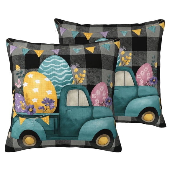 Easter Vintage Teal Truck Pillow Covers Set of 2, Buffalo Plaid Checkered Farmhouse Decorative Cushion Cases, Spring Floral Egg Design for Sofa Couch, Double-Sided Faux Linen 16x16