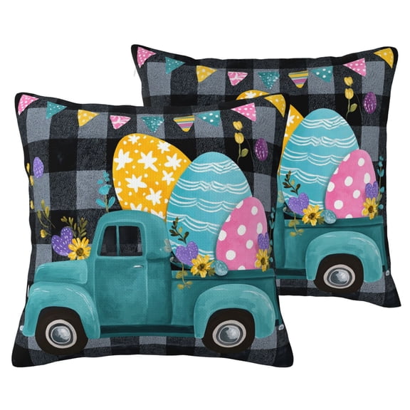 Easter Vintage Teal Truck Pillow Covers Set of 2, Buffalo Plaid Checkered Farmhouse Decorative Cushion Cases, Spring Floral Egg Design for Sofa Couch, Double-Sided Faux Linen 16x16