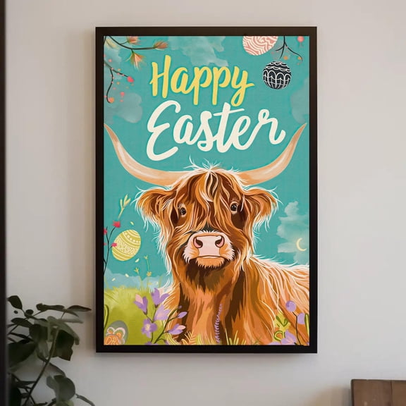 Easter Wall Art Highland Cow Happy Eastern Gift Easter Canvas Print Easter Gift Easter Print Ready To Hang, Unframed Canvas Size 12x18