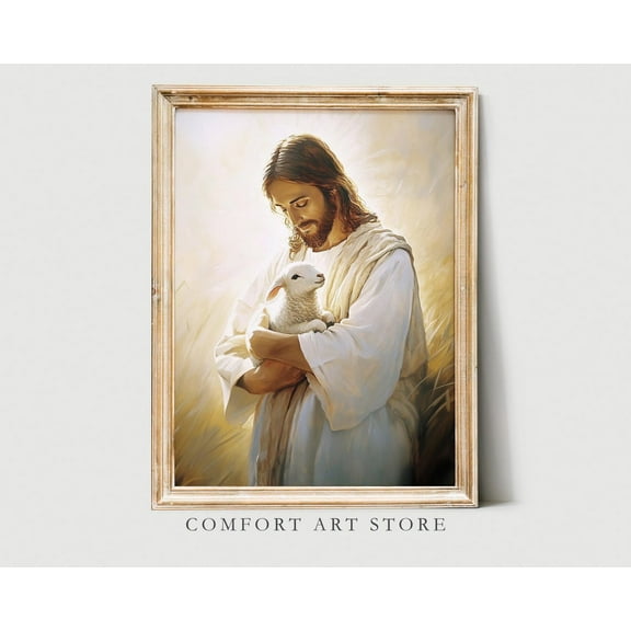 Easter Wall Art Jesus Christ Portrait Easter Printable Vintage Christian Oil Painting Easter Print Jesus Lamb Lds Bible Decor Jesus Shepherd, F345, Stretched Canvas Size 8x12