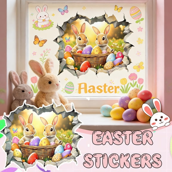 Easter Wall Decals Easter Decoration Stickers for Wall Easter Bunny Wall Decals Peel and Stick Broken Wall Spring Landscape Wall Stickers Rabbits Wall Art Murals for Living Room Kitchen Holiday