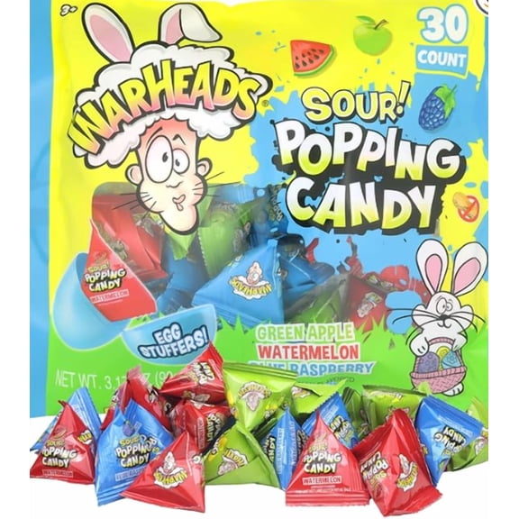 Warhead Sour Popping Candies, Watermelon, Green Apple, and Blue Raspberry Flavors, Egg Fillers and Basket Stuffers, 3.7 Ounces, 30 Count