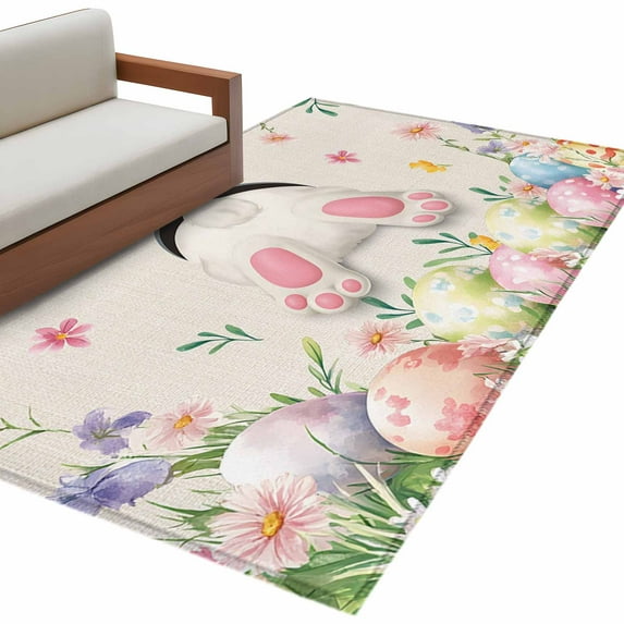Easter Washable Area Rug 2.7 x 5 ft Spring White Bunny Tail Colored Eggs Floral Linen Texture, Soft Non Slip Rugs Stain Repellent Indoor Felt Carpet for Living Dining Room Bedroom Home Office