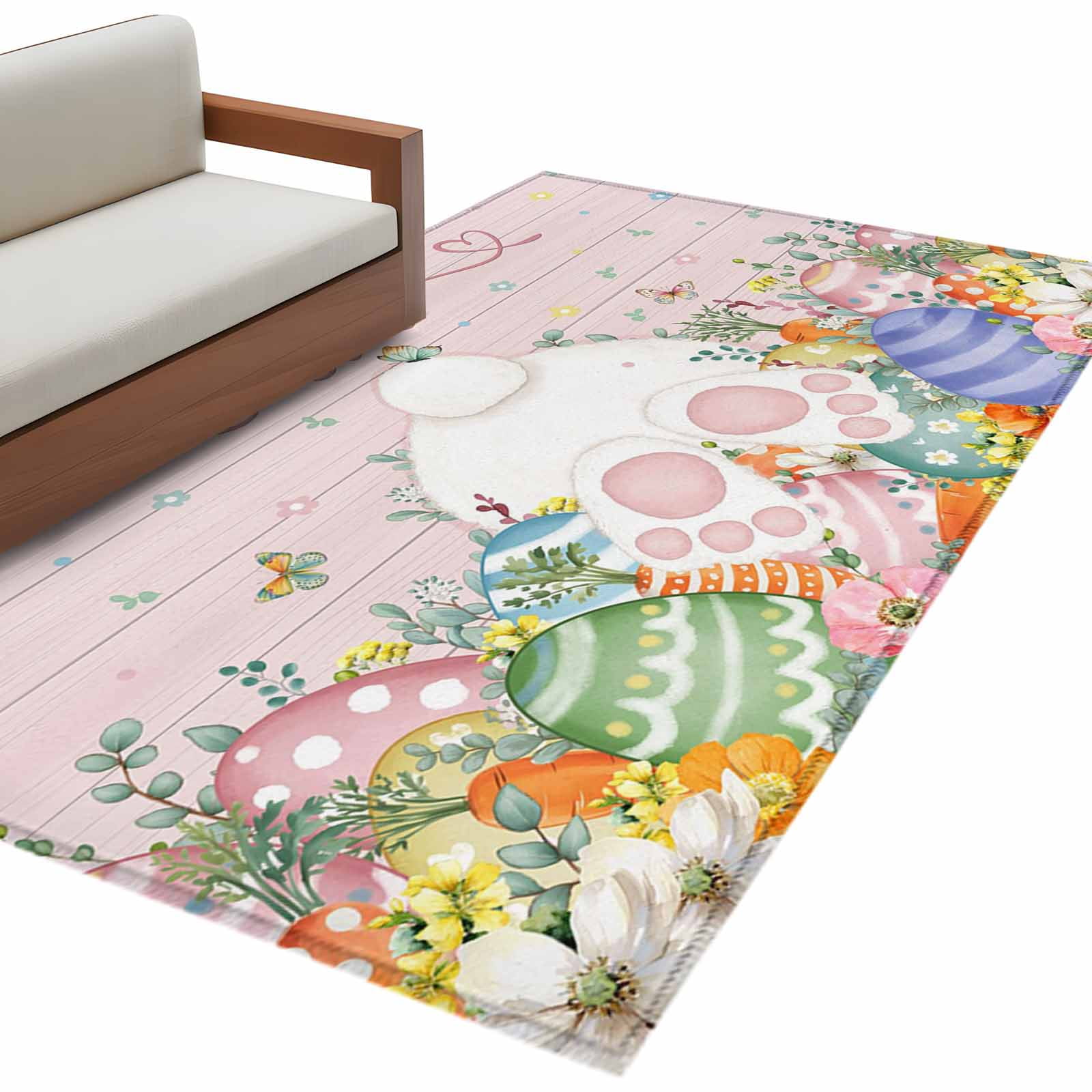 Easter Colors Rag Rug Easter Washable Area Rug 4 x 6 ft Spring Bunny Tail Colored Eggs Leaf ...