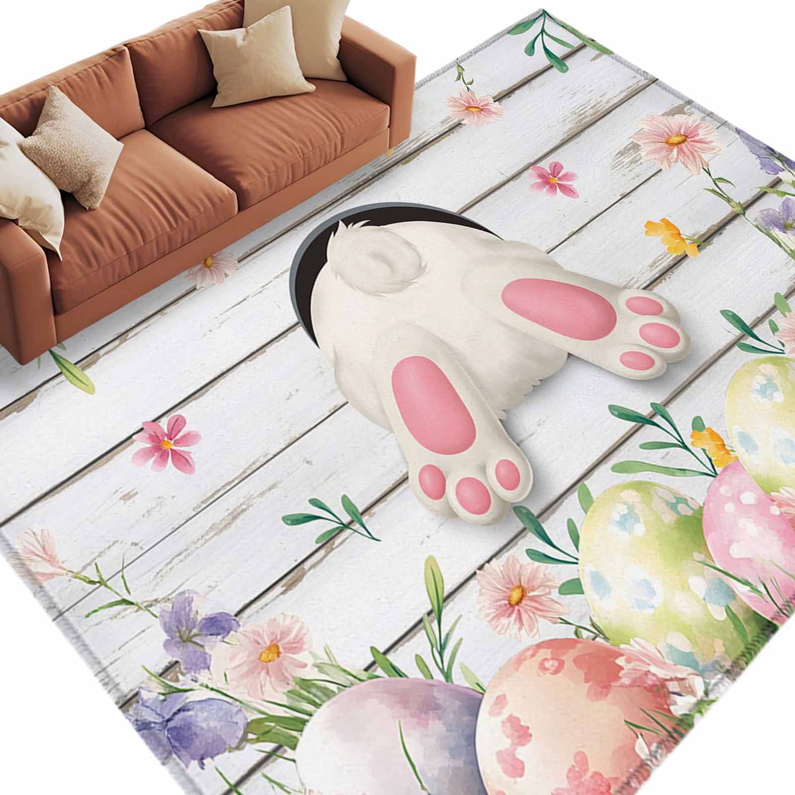 Easter Colors Rag Rug Easter Washable Area Rug 5 x 7 ft Spring White Bunny Tail Colored Eggs ...