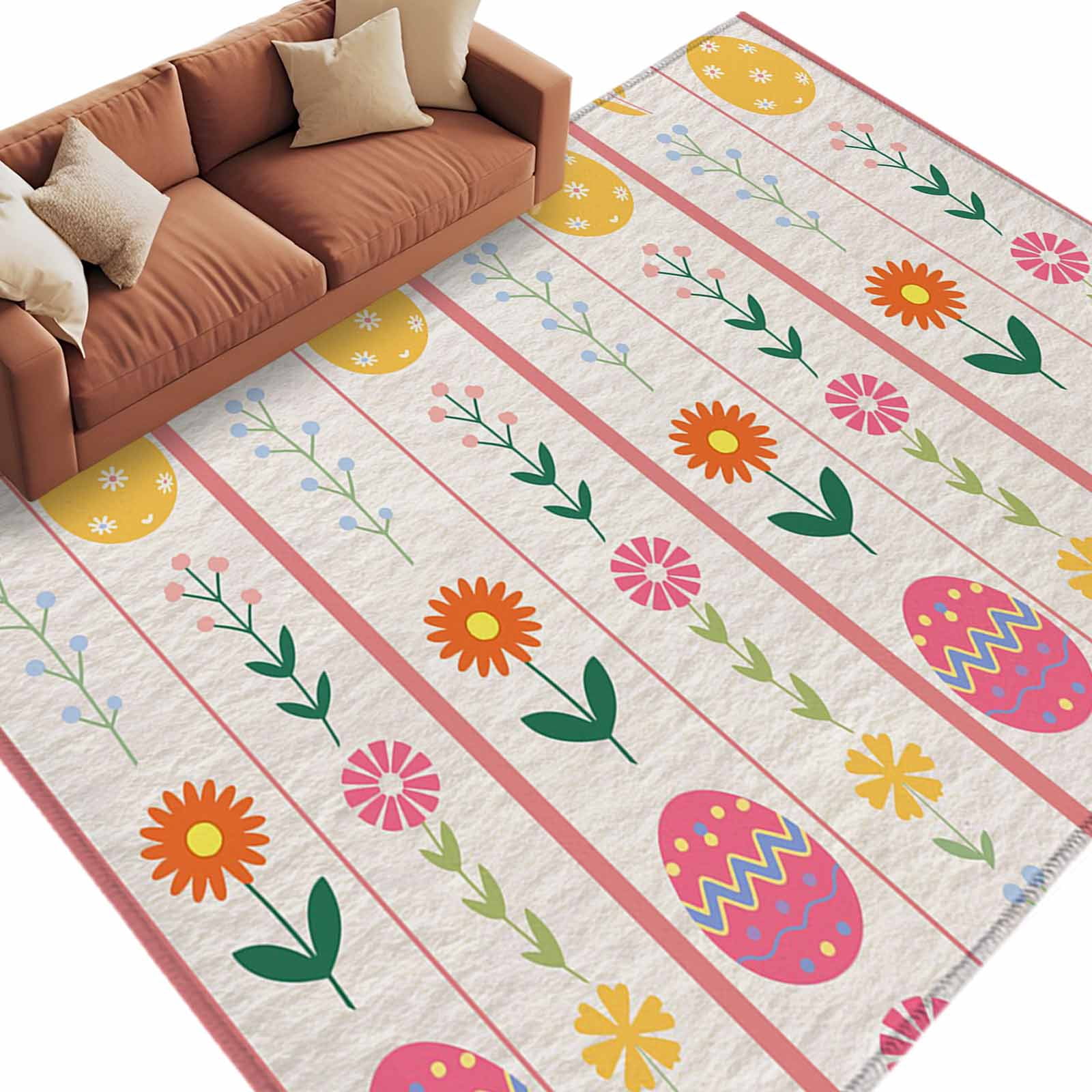 Pink Easter Rug Easter Washable Area Rug 5 x 8 ft Spring Floral Eggs Leaf Pink Stripes ...