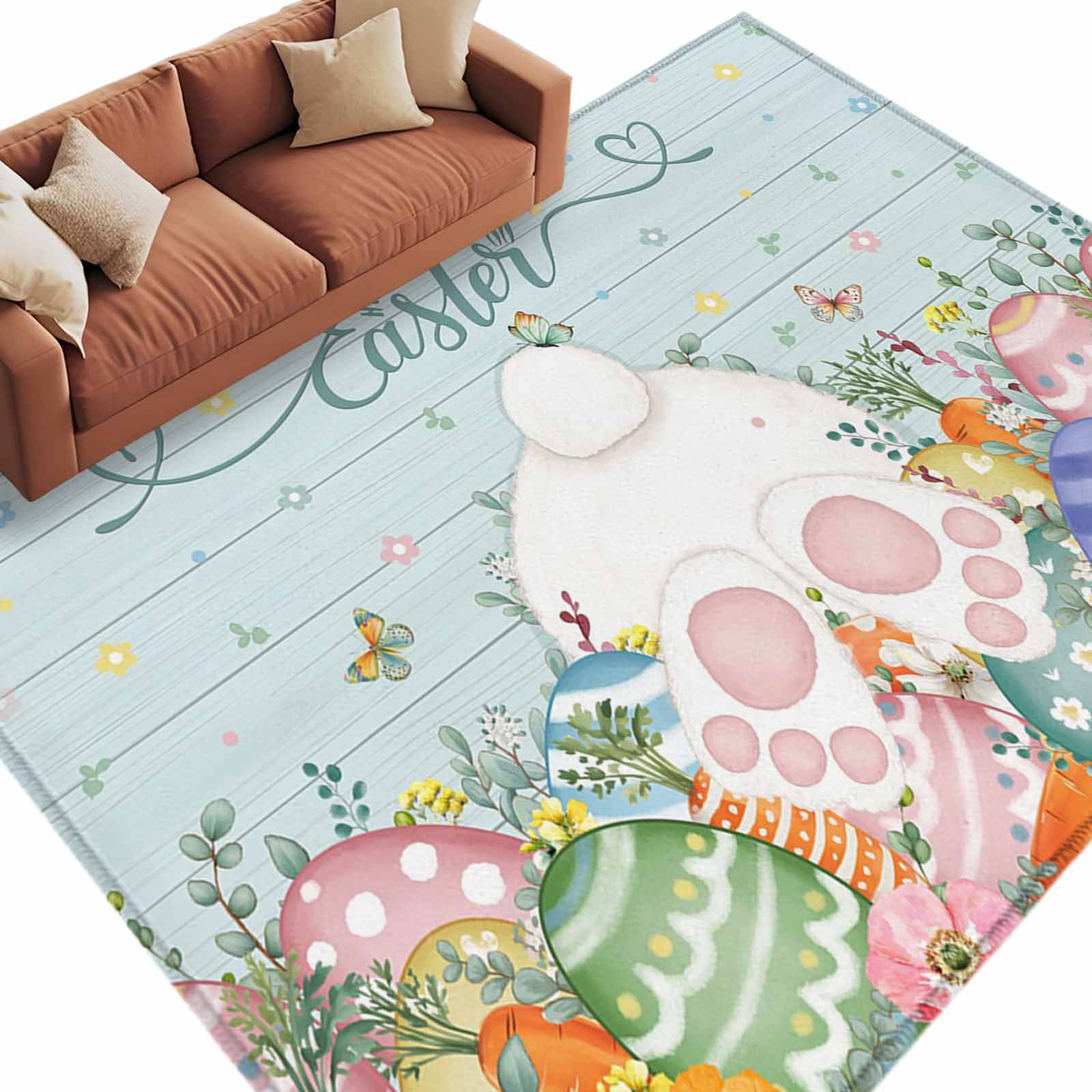 Easter Decor Rug Easter Washable Area Rug 8 x 10 ft Spring Bunny Tail Colored Eggs Leaf ...