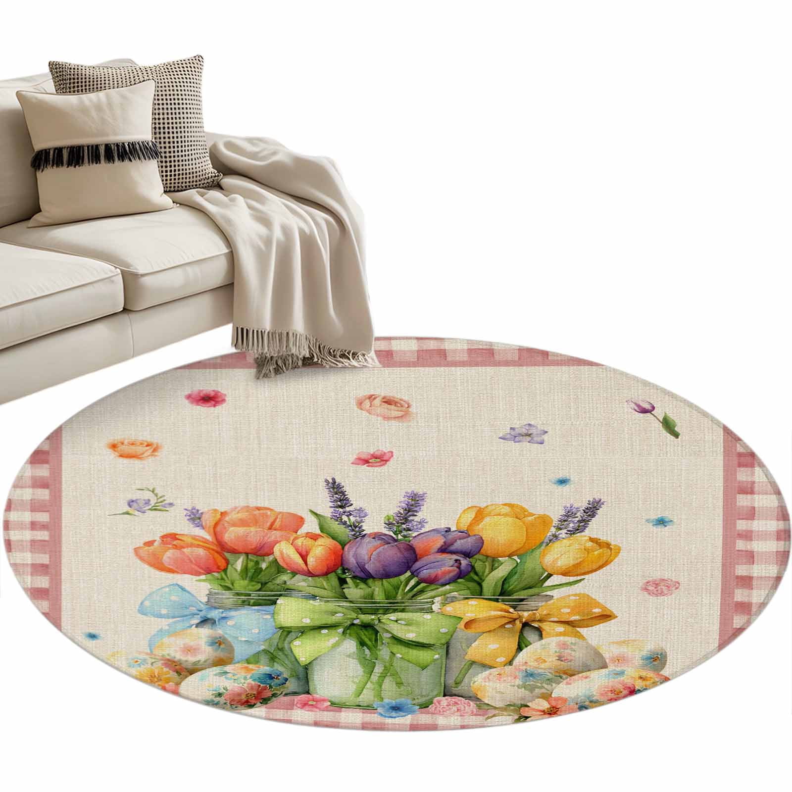 Round Easter Rug Easter Washable Round Area Rug 4 ft, Spring Watercolor Floral Vases ...