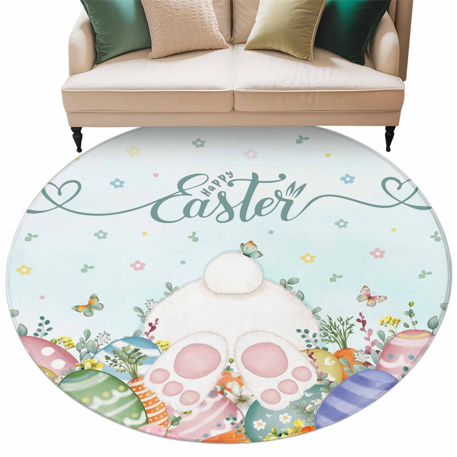 Round Easter Rug Easter Washable Round Area Rug 8 ft, Spring Bunny Tail Colored Eggs ...