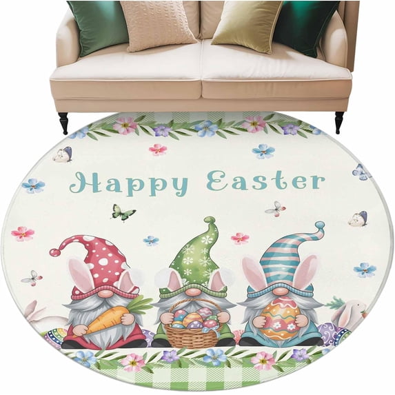 Easter Washable Round Rug 6ft Area Rug for Living Room, Soft Large Non-Slip Circle Dining Room Rugs Funny Bunny Ear Gnomes Colorful Eggs Flowers Plaid Carpet for Bedroom Entryway Classroom Dorm