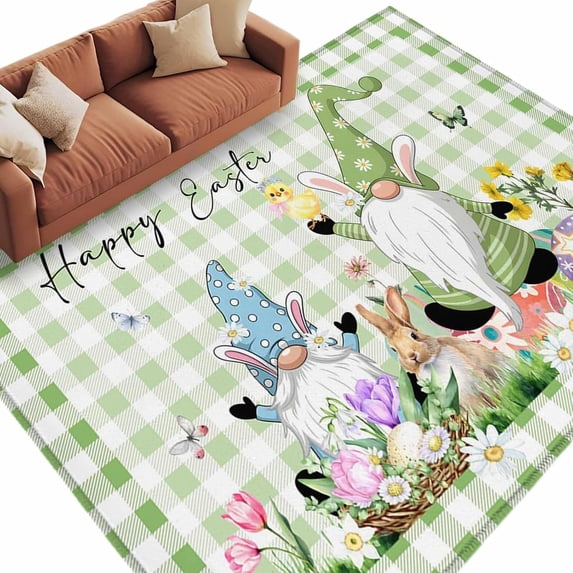 Easter Washable Rug 5x8 Area Rugs for Living Room, Spring Gnomes Flowers Rabbit Butterfly Green Plaid Large Bedroom Rug Soft Non-Slip Low Pile Floor Carpet for Dining Room Kitchen Office Laundry