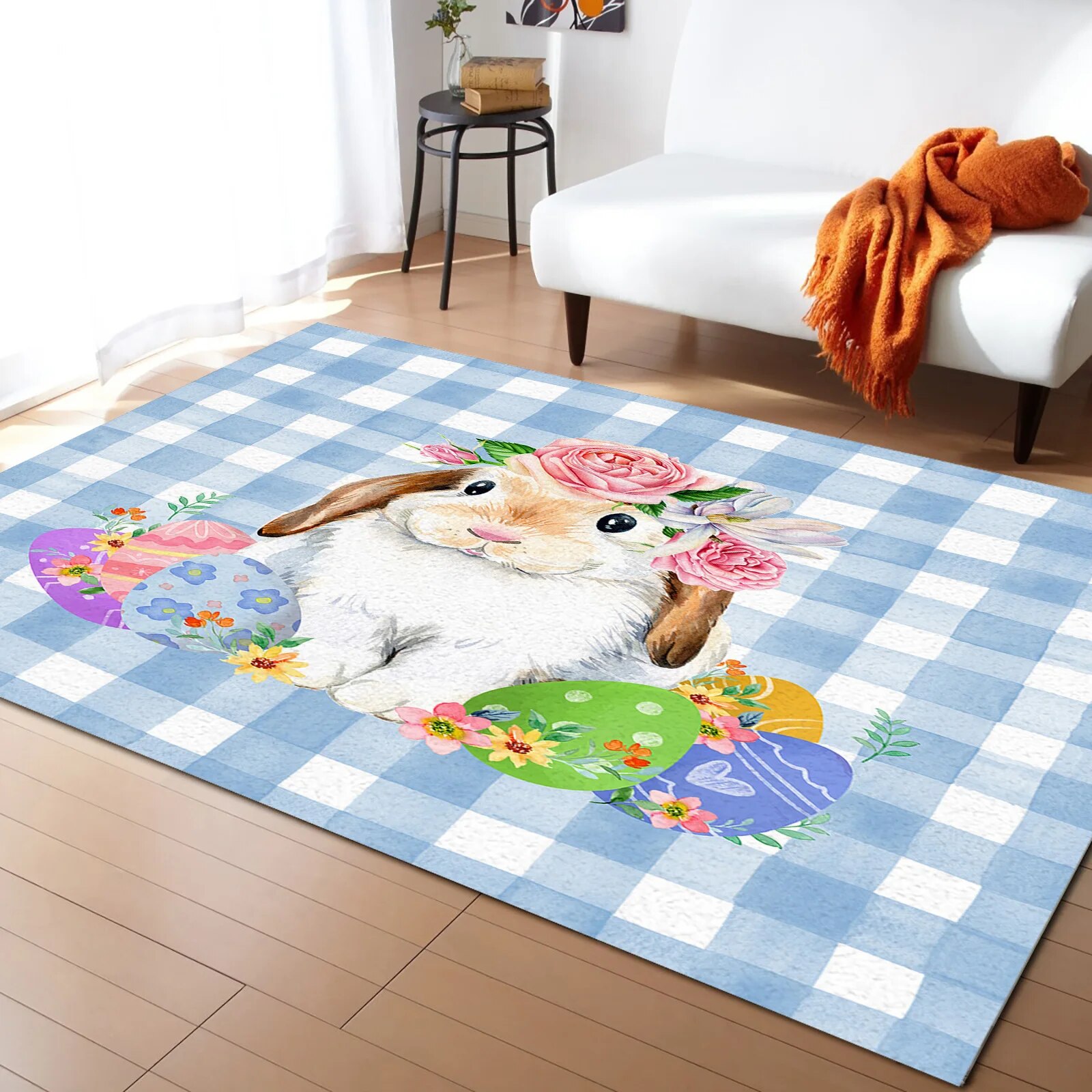 Cartoon Easter Rug Easter Watercolor Rabbit Cherry Blossom Carpet Area Rug Children's Room ...