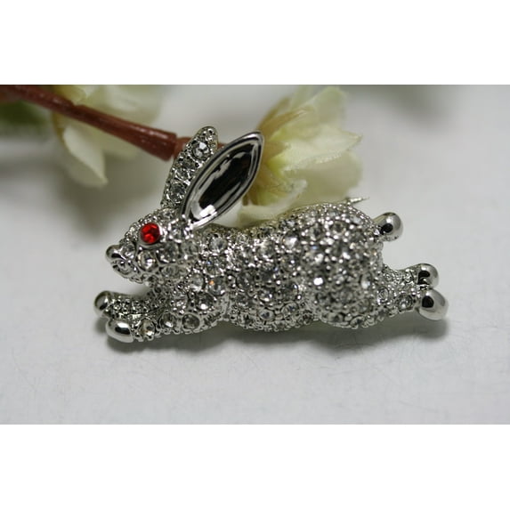 Easter Weiss Bunny Rabbit Rhinestone Brooch Pin, Crystal Easter Bunny, Rabbit Pin