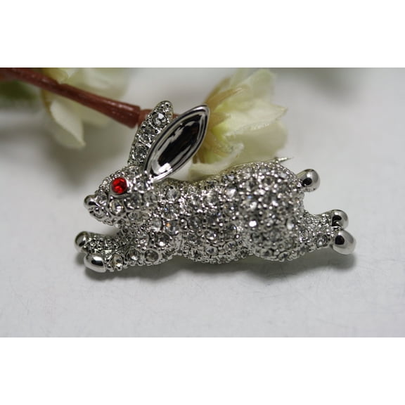 Easter Weiss Bunny Rabbit Rhinestone Brooch Pin, Crystal Easter Bunny, Rabbit Pin