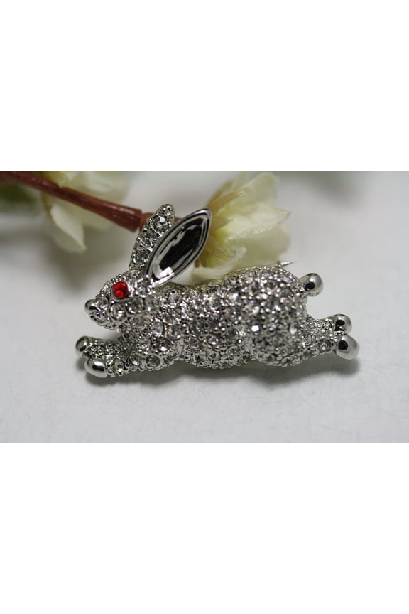 Easter Weiss Bunny Rabbit Rhinestone Brooch Pin, Crystal Easter Bunny, Rabbit Pin