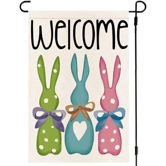 Easter Welcome Bunny Garden Flag - 12x18" Double-Sided Rabbit with Bow Spring Yard Outdoor Easter Cute Colorful Decorations