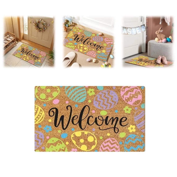 Easter Welcome Coir Doormat, 18x30 Inch Colorful Easter Egg Pattern Front Door Mat, Non-Slip Outdoor Indoor Entryway Rug for Spring Holiday, Porch, Patio, and Home Decor