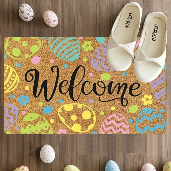 Easter Welcome Doormat, Indoor Outdoor Easter Egg Print Mat, Non Slip Front Porch Rug, Washable Entrance Doormat for Home Decoration, Soft Flannel Easter Rug for Doorway Hallway, 23.6*15.7in, Brown