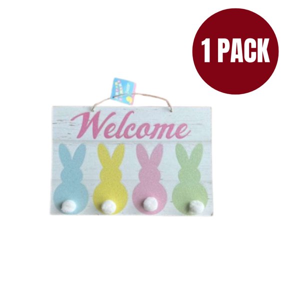Easter Welcome Hanging Sign Wooden Easter Door Sign Decoration, Pastel Bunny Wall Decor for Front Door, Home, Entryway, Spring Holiday Decor (1 Pack)