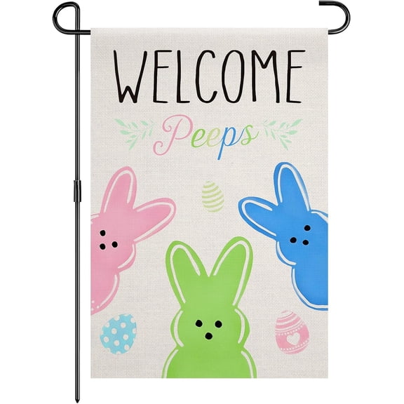 Easter Welcome Peeps Garden Flag, 12x18 Inch Bunny Peeps Small Garden Flags For Outdoor Yard Lawn Easter Decorations