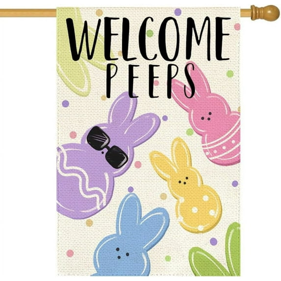 Easter Welcome Peeps House Flag - 28x40" Double-Sided Colorful Bunny Spring Seasonal Decorative Holiday Large Garden Yard Outdoor Decoration
