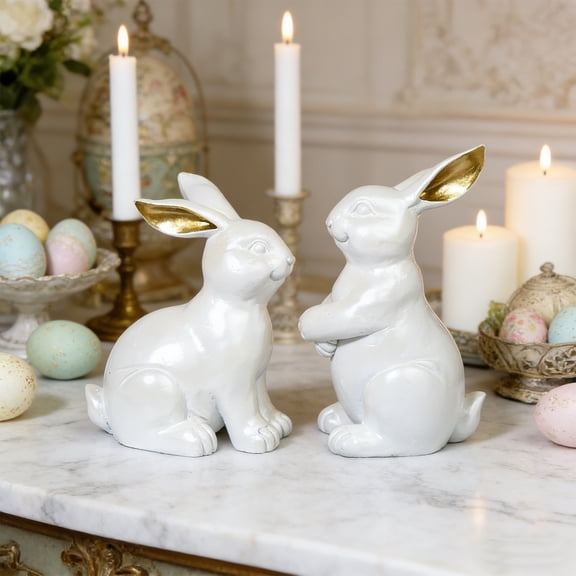 Easter White Bunny Statue, White Resin Rabbit Pair, Decorative Bunny Figurine, for Easter and Spring Mantel Garden Displays