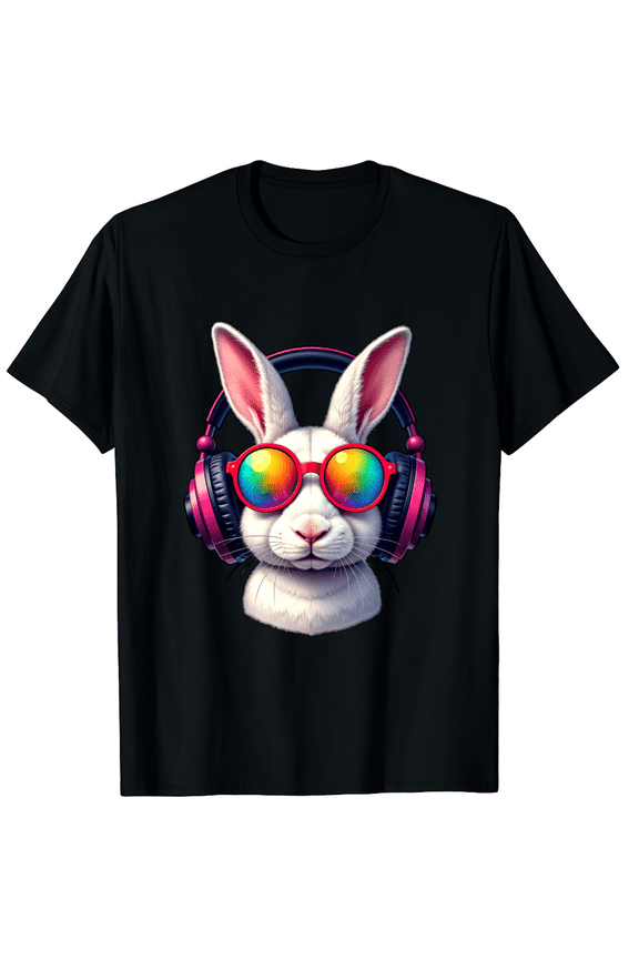 Easter White Rabbit Headset Rainbow Shades Art Short Sleeve T-Shirt For Women Men Spring Party Apparel