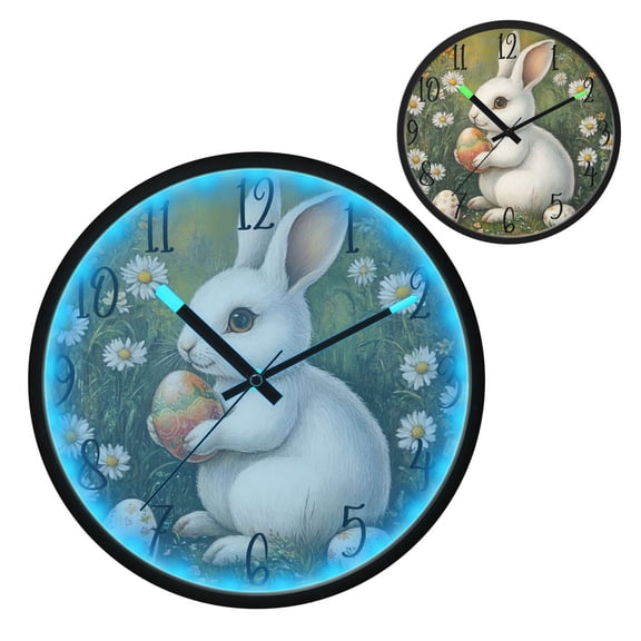 Easter White Rabbit Luminous Wall Clock with Sound-Activated LED 12-Inch Silent Acrylic Timepiece for Bedroom Livingroom or Office