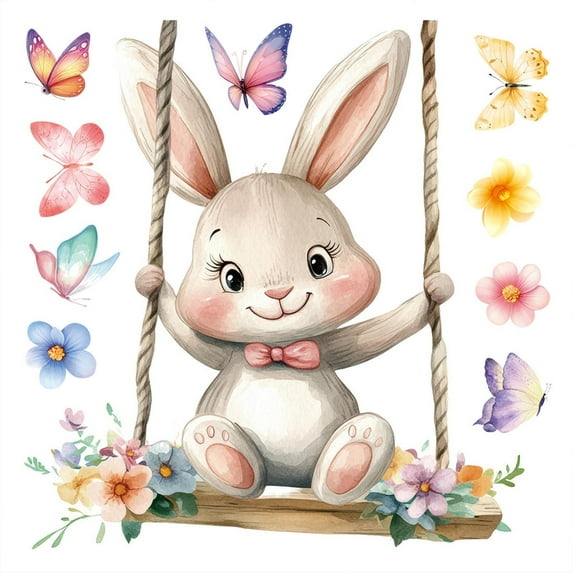 Easter Window Cling Stickers, Cute Bunny on Swing Tree Decal, Reusable Static Cling Window Decor for Easter Spring Home Party Decorations, 11.8x11.8 Inches