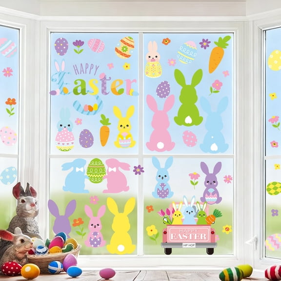 Easter Window Clings 6 Sheets Double-Sided Happy Easter Decorations, Reusable Spring Window Stickers with Bunny Eggs Flowers and Carrots, Easy Peel and Stick for Home Office Shop Glass Doors Windows