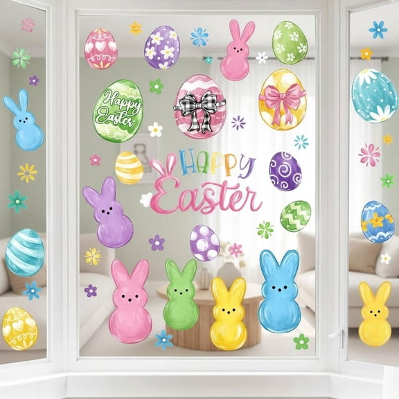 Easter Window Clings Bunny Rabbit, Happy Easter Eggs Colorful Window Stickers, Removable Watercolor Flowers Double-Sided Glass Decals for Spring Home Holiday Party Decorations