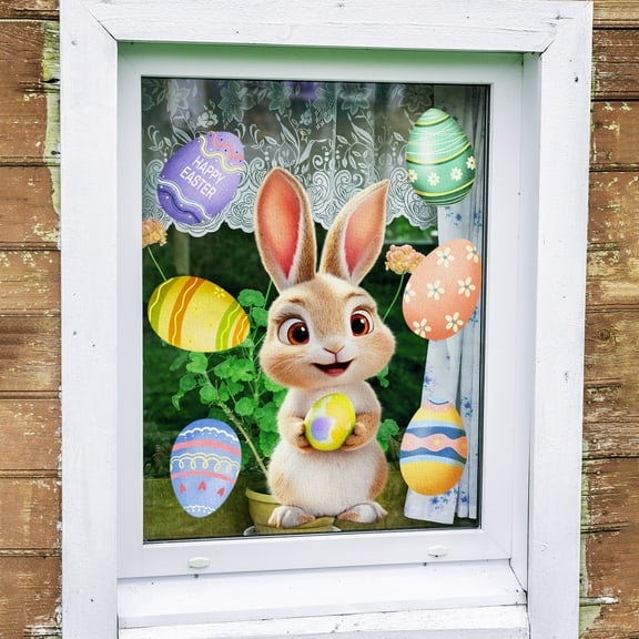 Easter Window Clings Decorations for Glass Window Stickers Decal Door Stickers Easter Decorations, Large Bunny Stickers with Eggs Decals for Easter Spring Door Wall Window Decorations