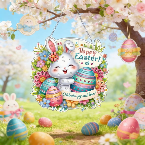 Easter Window Hanging Decor, Blue Hydrangea Bunny Figurine with Bow, Artificial Floral Spring Ornament, for Indoor and Outdoor Holiday Home Decor, 9.84 Inches